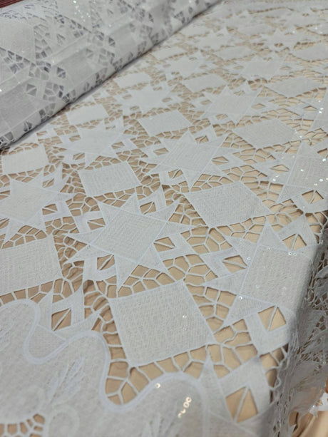 Embroidered Sequin Guipure Lace White