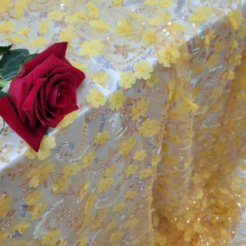 3D Floral Embroidery Lace Yellow