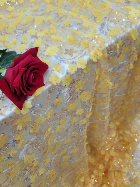 3D Floral Embroidery Lace Yellow