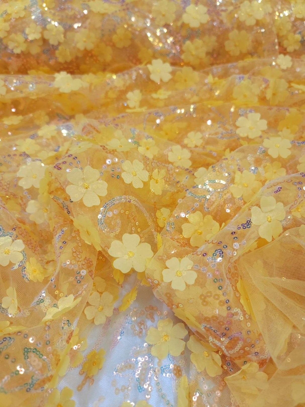 3D Floral Embroidery Lace Yellow