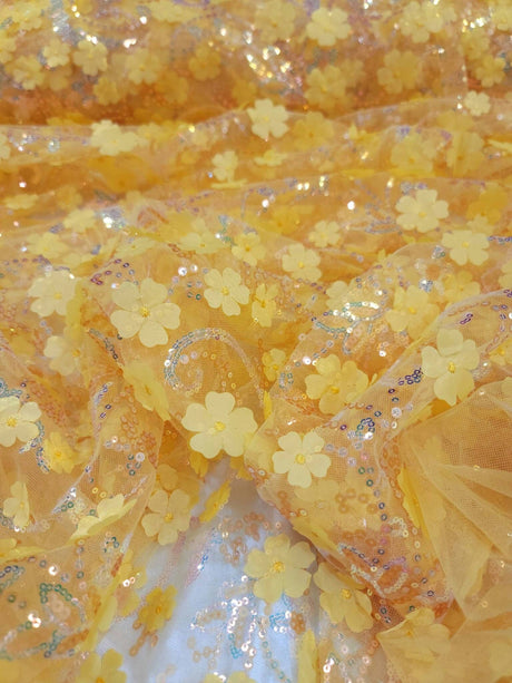 3D Floral Embroidery Lace Yellow