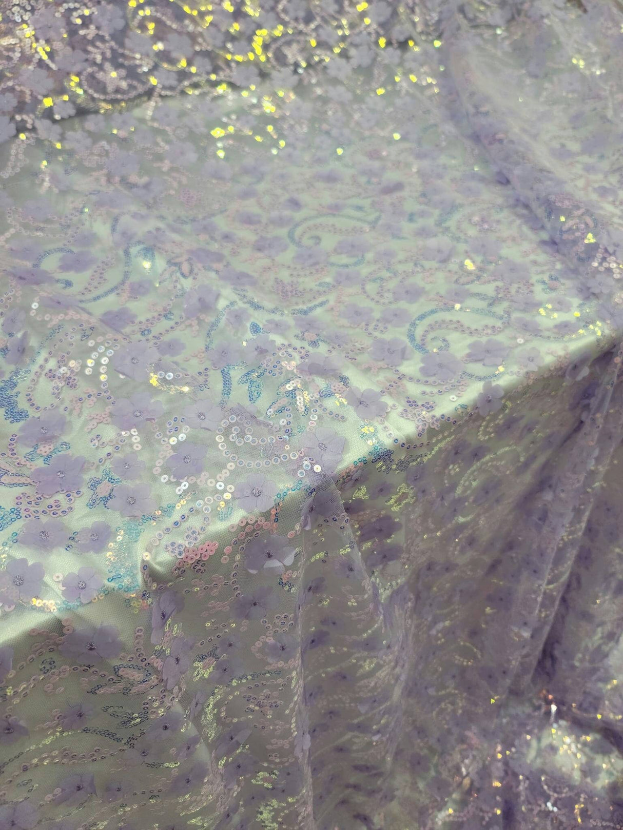 3D Floral Lace Embroidery Lavender Sequin Fabric