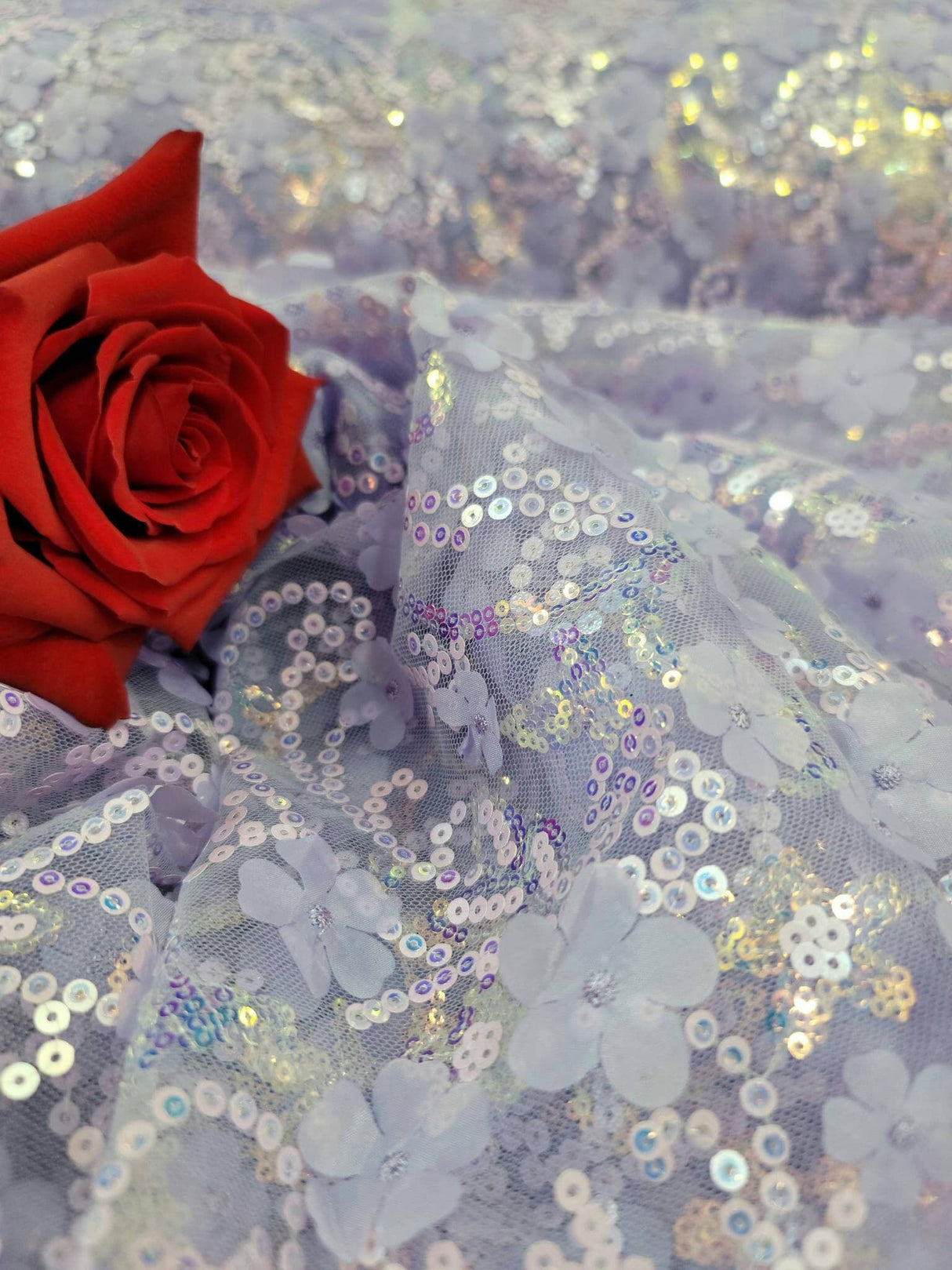 3D Floral Lace Embroidery Lavender Sequin Fabric