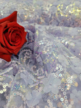 3D Floral Lace Embroidery Lavender Sequin Fabric
