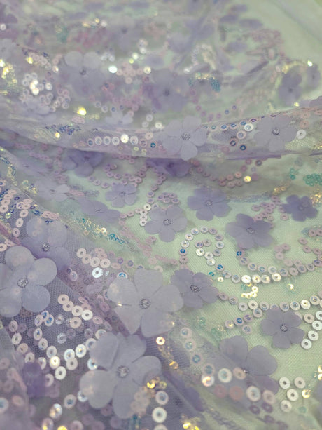 3D Floral Lace Embroidery Lavender Sequin Fabric