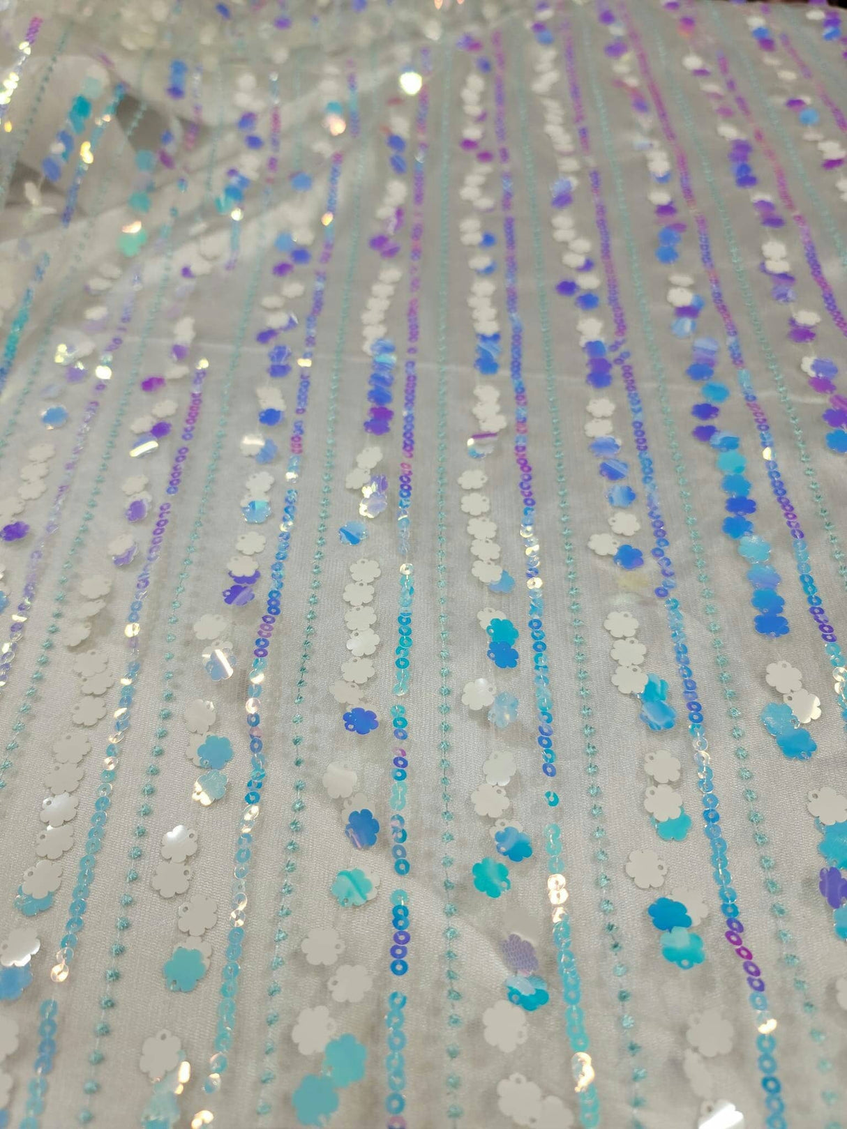 Embroidered Lace Floral Sequin Mesh White