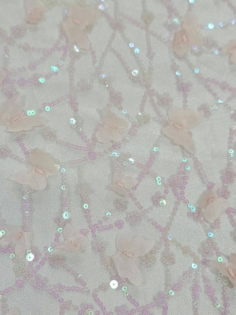 3D Butterfly Lace Mesh Fabric Light Pink