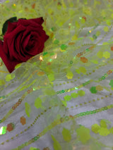 3D Sequin Iridescent Floral Mesh Fabric Neon Green
