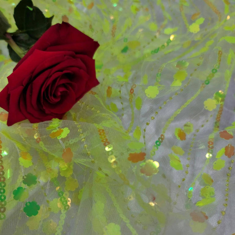3D Sequin Iridescent Floral Mesh Fabric Neon Green