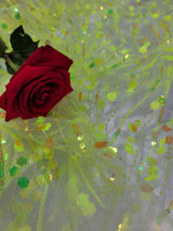3D Sequin Iridescent Floral Mesh Fabric Neon Green