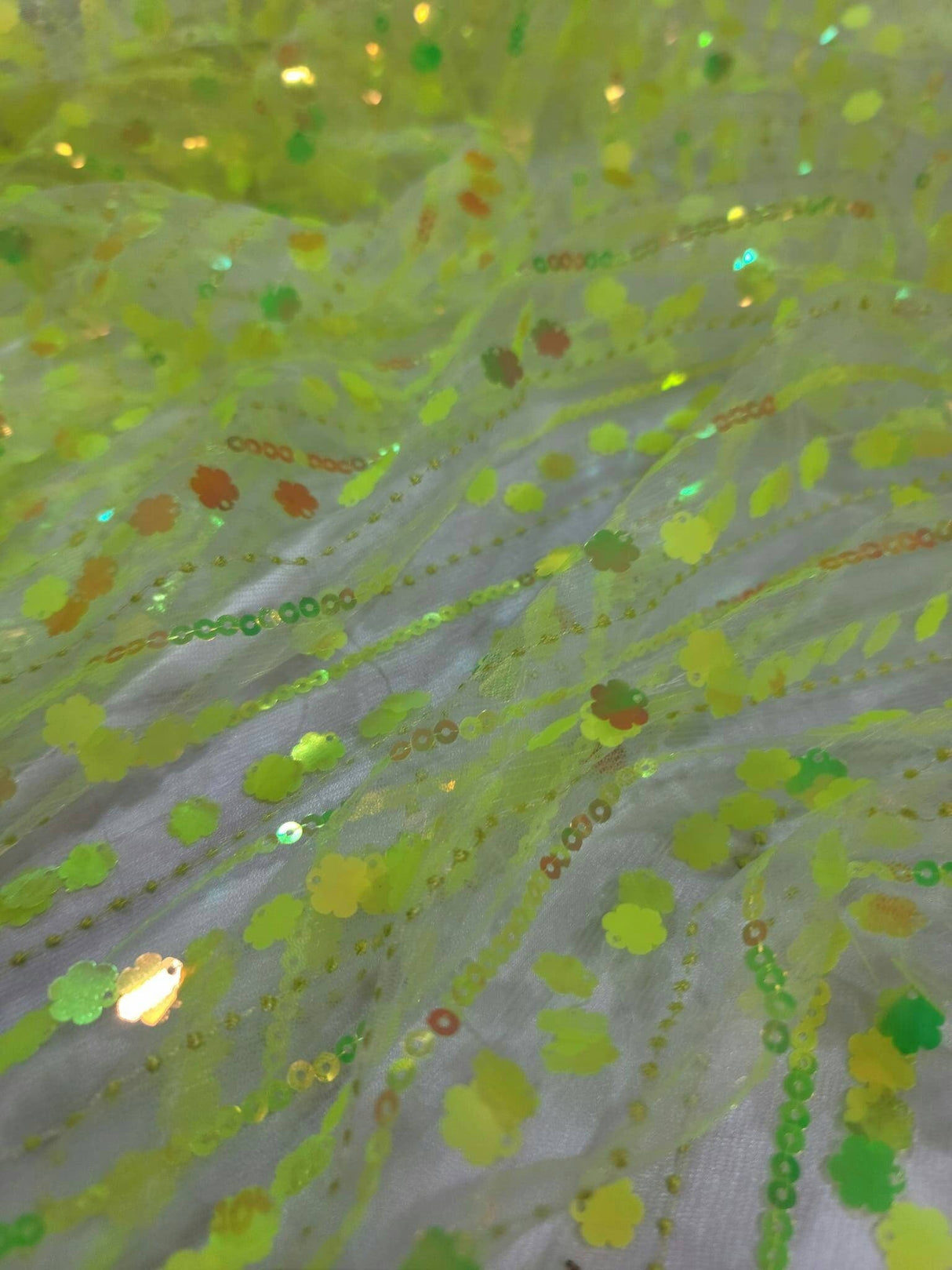 3D Sequin Iridescent Floral Mesh Fabric Neon Green