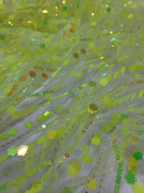 3D Sequin Iridescent Floral Mesh Fabric Neon Green