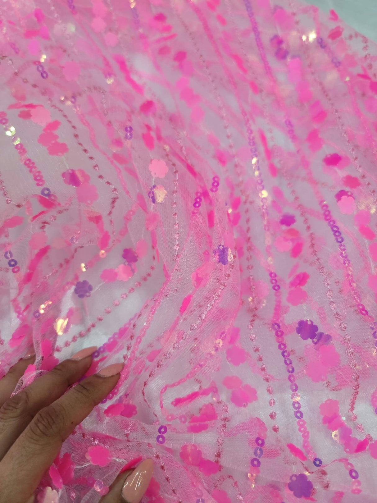 3D Sequin Lace Neon Pink Floral