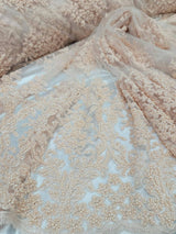 Beaded Lace Floral Embroidered Mesh Fabric Blush