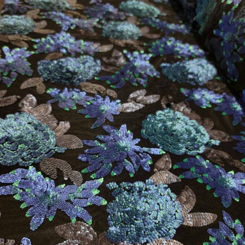 Sequin Lace Black with Blue Teal Flowers