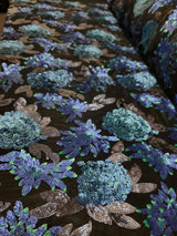 Sequin Lace Black with Blue Teal Flowers