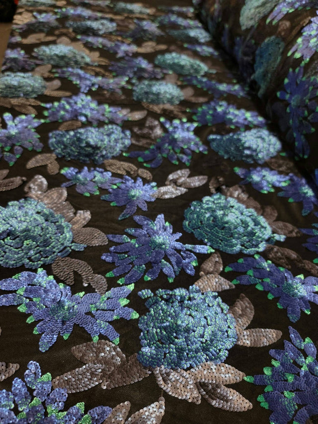 Sequin Lace Black with Blue Teal Flowers
