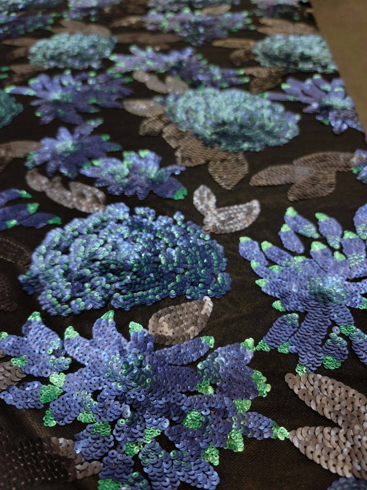 Sequin Lace Black with Blue Teal Flowers