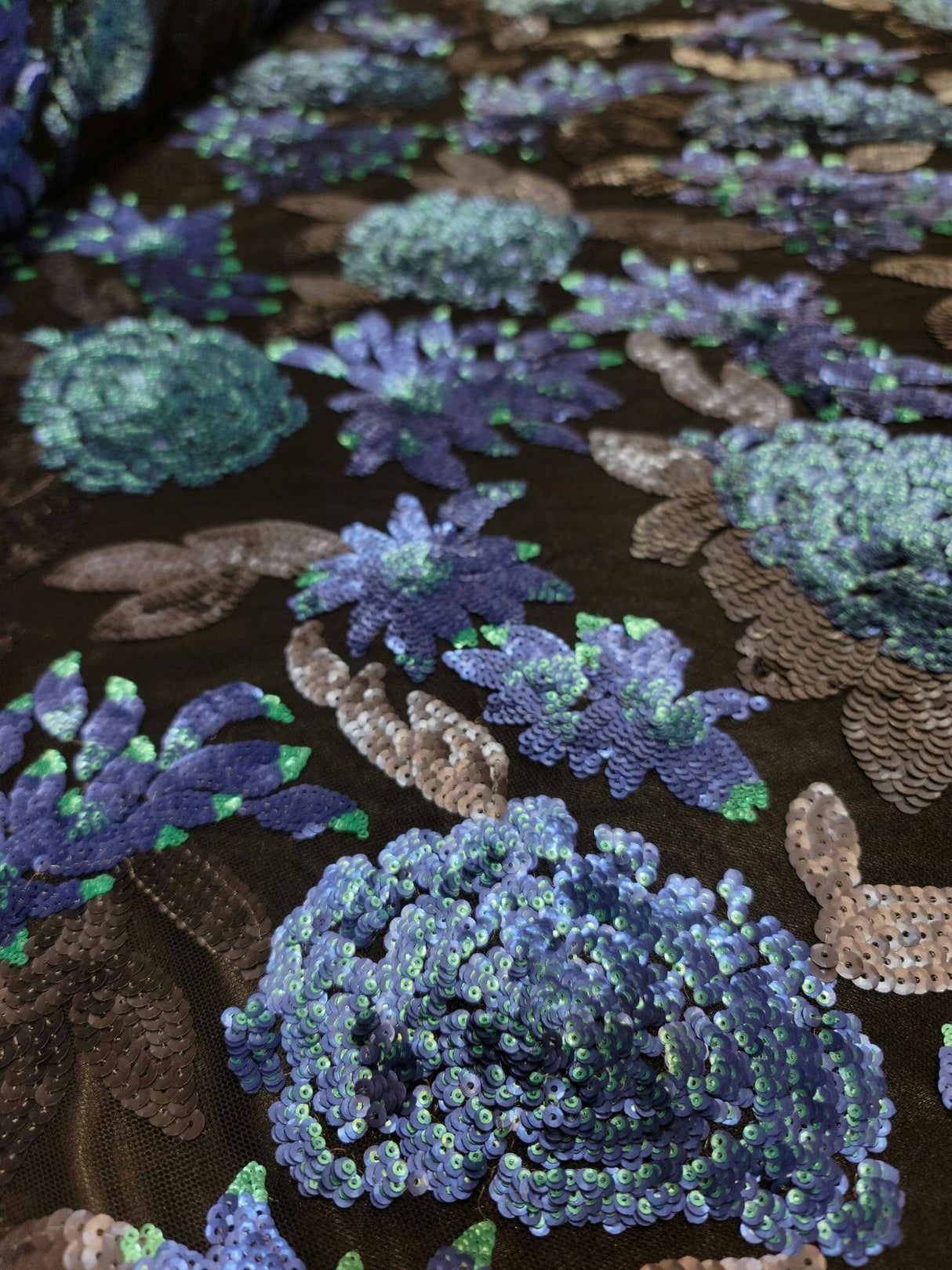 Sequin Lace Black with Blue Teal Flowers