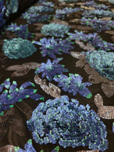 Sequin Lace Black with Blue Teal Flowers