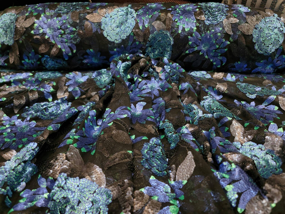 Sequin Lace Black with Blue Teal Flowers