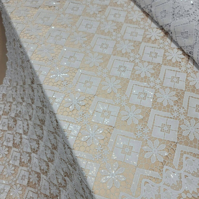 Embroidered Guipure Lace Clear Sequin White