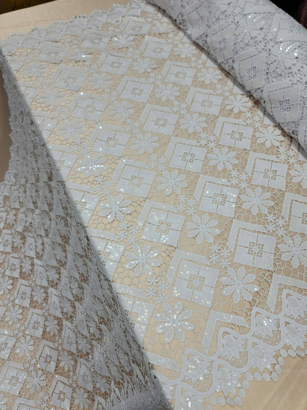Embroidered Guipure Lace Clear Sequin White