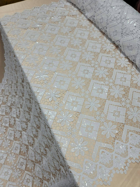 Embroidered Guipure Lace Clear Sequin White
