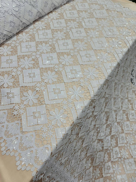 Embroidered Guipure Lace Clear Sequin White