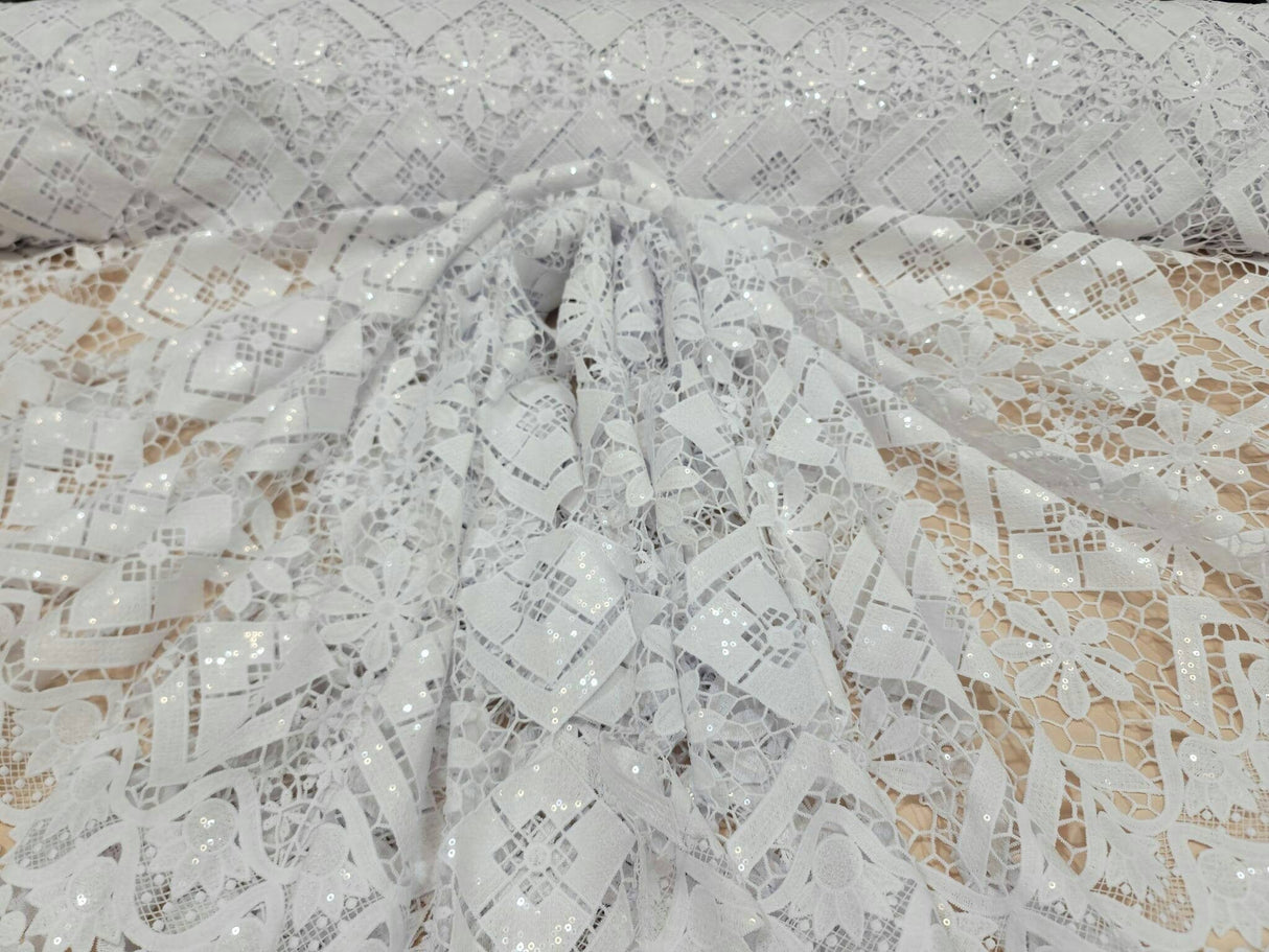 Embroidered Guipure Lace Clear Sequin White