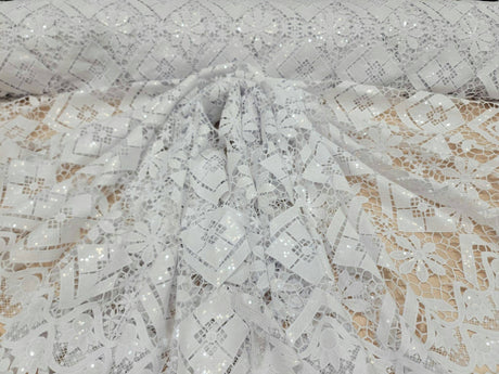 Embroidered Guipure Lace Clear Sequin White