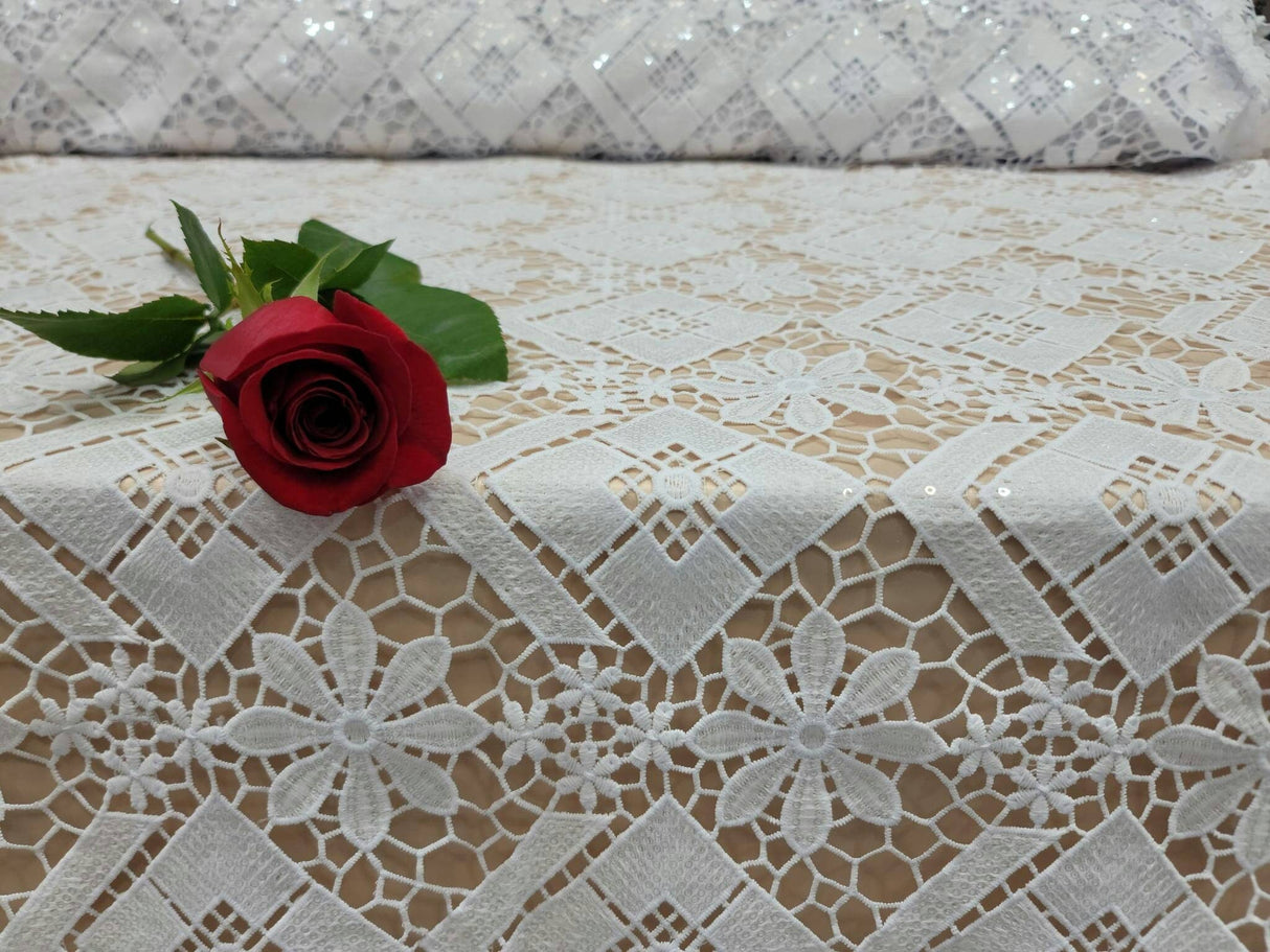 Embroidered Guipure Lace Clear Sequin White