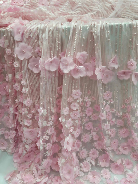 3D Floral Lace Pink Embroidered Mesh