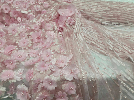 3D Floral Lace Pink Embroidered Mesh