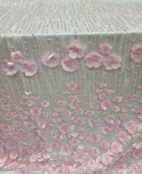 3D Floral Lace Pink Embroidered Mesh