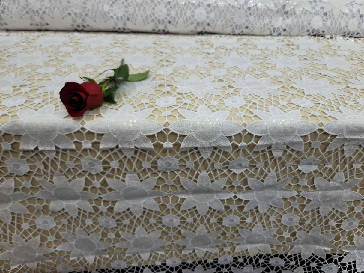 Embroidered Lace Clear Sequin White