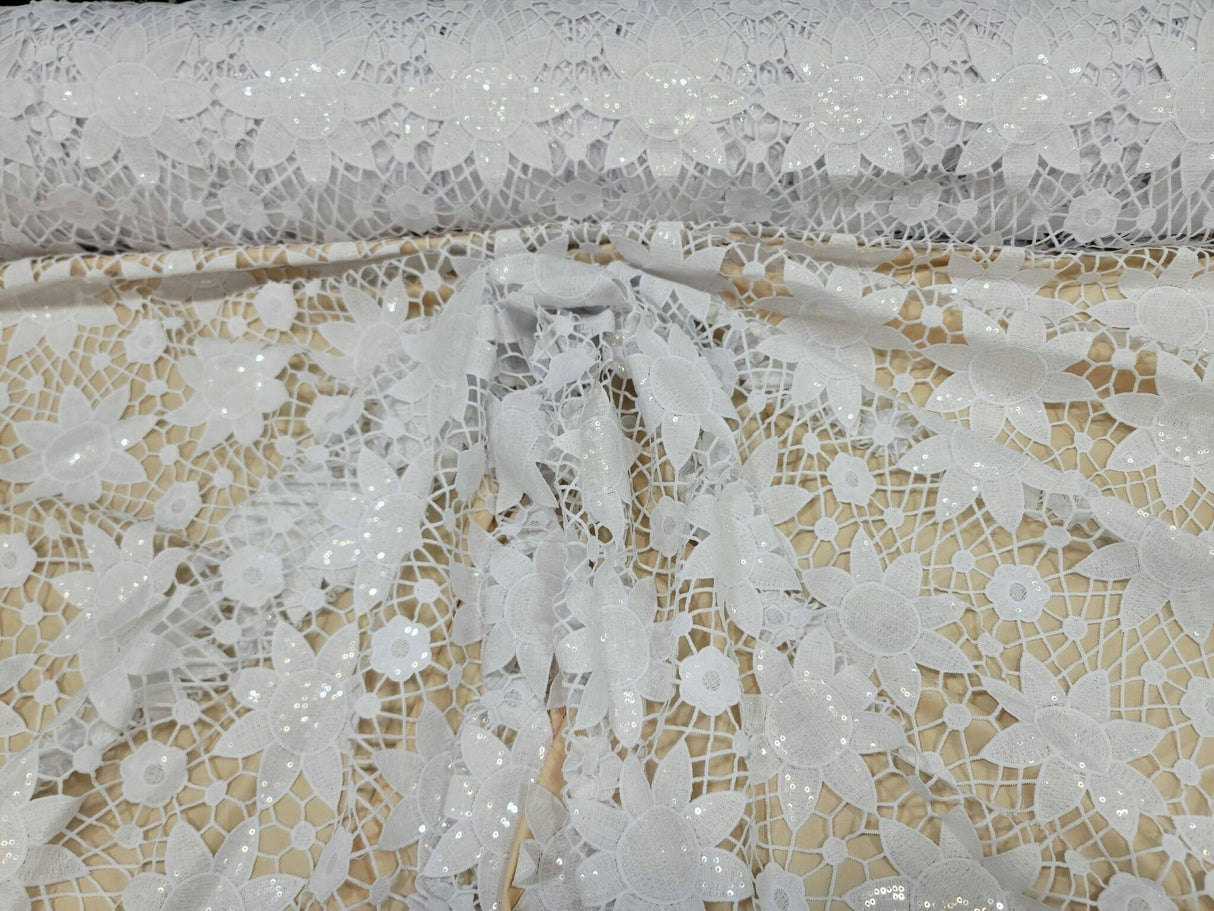 Embroidered Lace Clear Sequin White