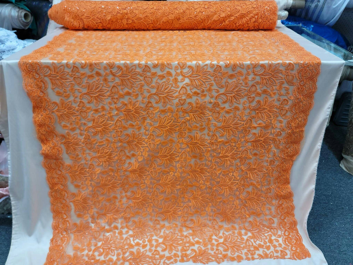 Embroidered Clear Sequin Lace Orange