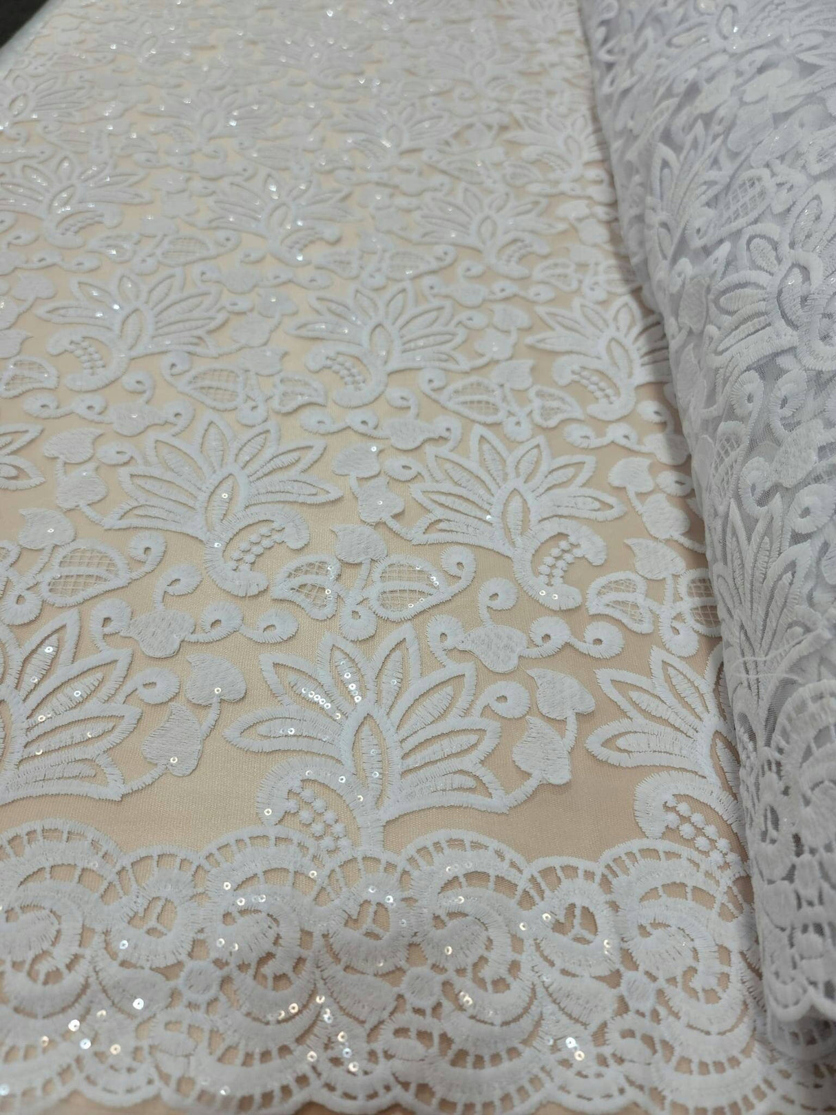 Bridal Lace Floral Embroidered Mesh Sequin White