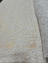 Bridal Lace Floral Embroidered Mesh Sequin White