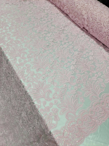 Pink Embroidery Lace Fabric with Clear Sequin