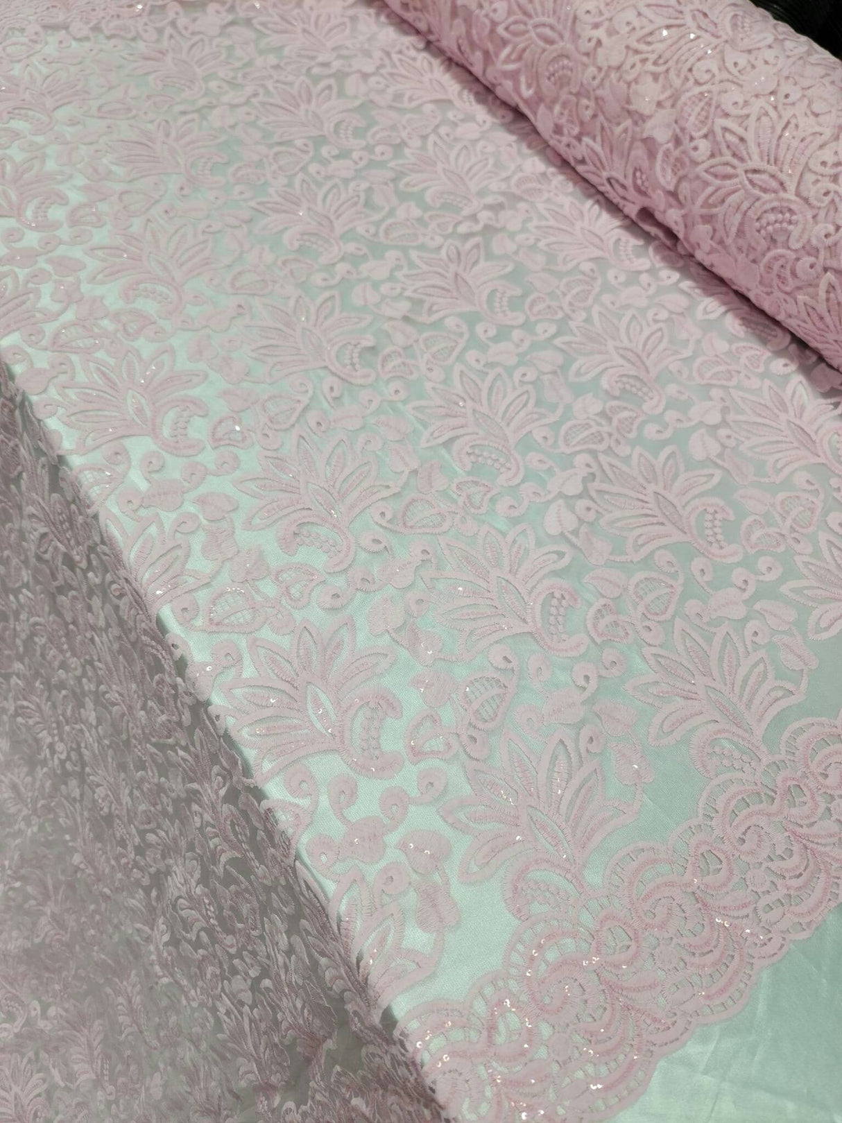 Pink Embroidery Lace Fabric with Clear Sequin