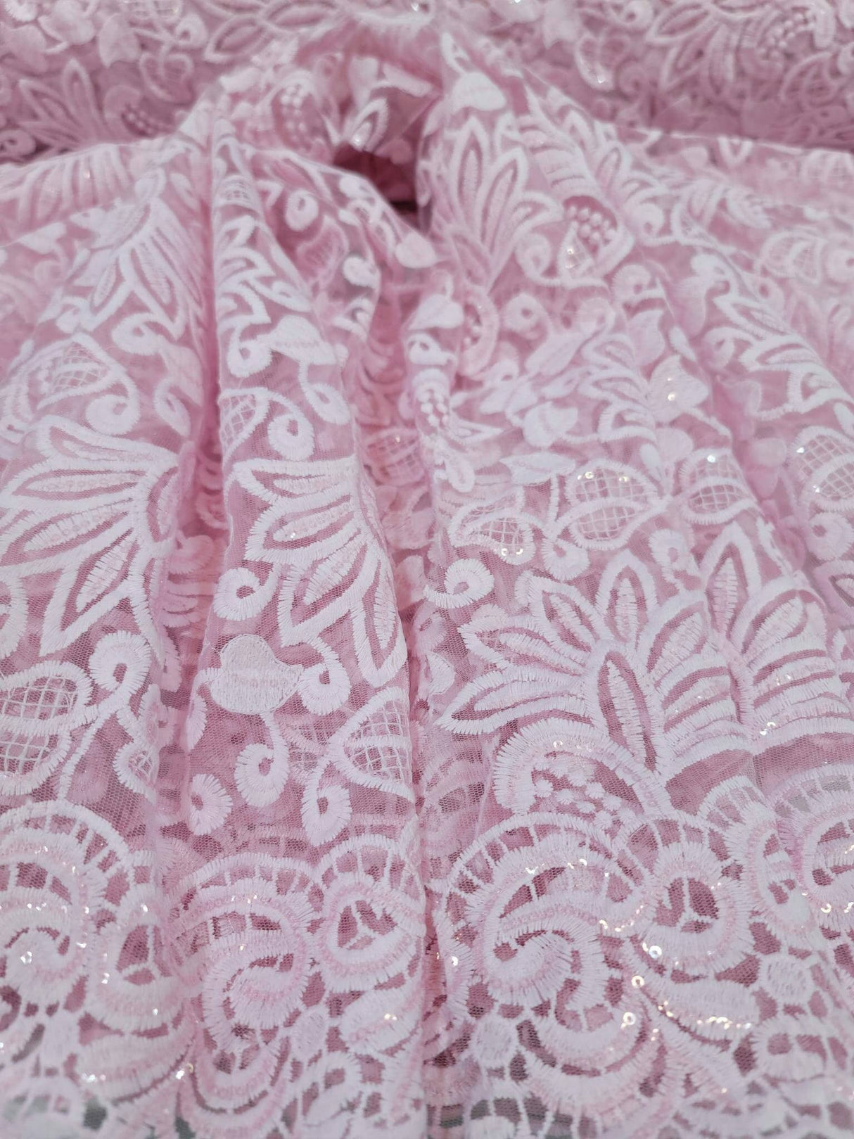 Pink Embroidery Lace Fabric with Clear Sequin
