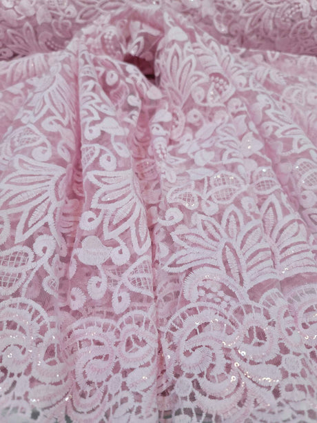 Pink Embroidery Lace Fabric with Clear Sequin
