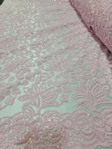 Pink Embroidery Lace Fabric with Clear Sequin