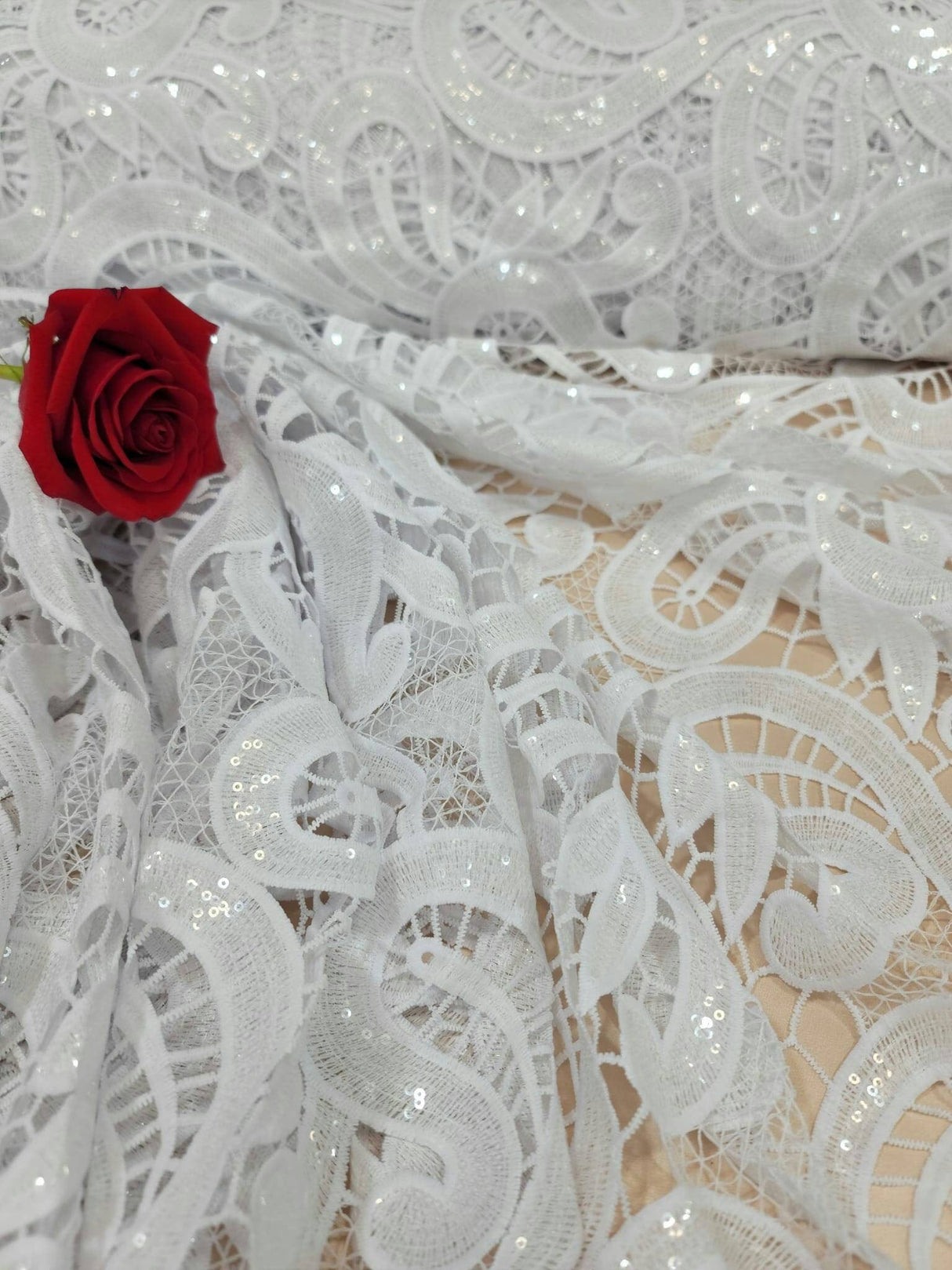 Clear Sequin Guipure Lace White