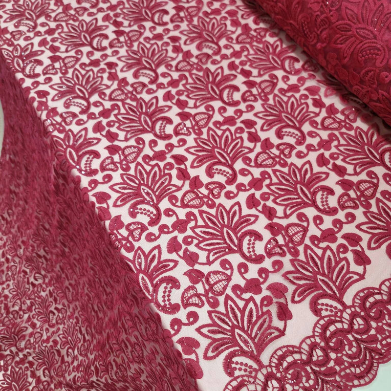 Embroidered Lace Burgundy Clear Sequin Fabric
