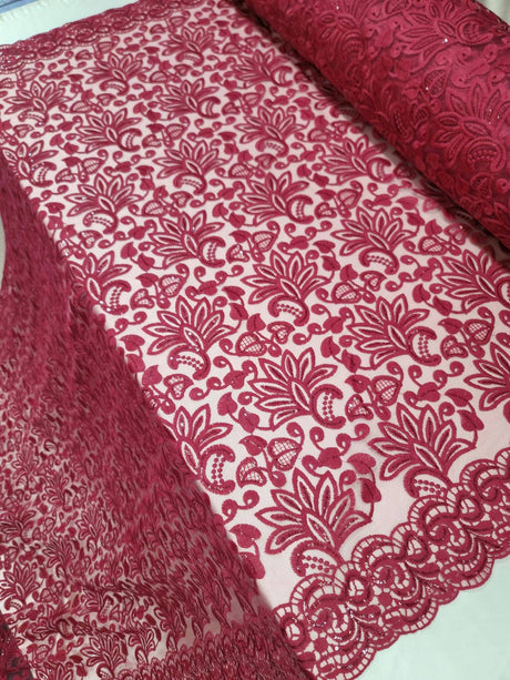 Embroidered Lace Burgundy Clear Sequin Fabric