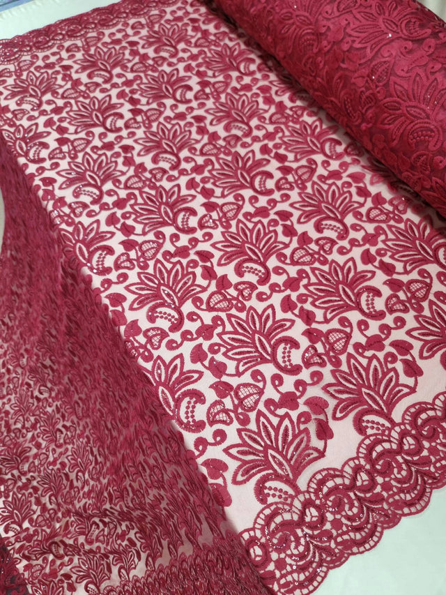 Embroidered Lace Burgundy Clear Sequin Fabric