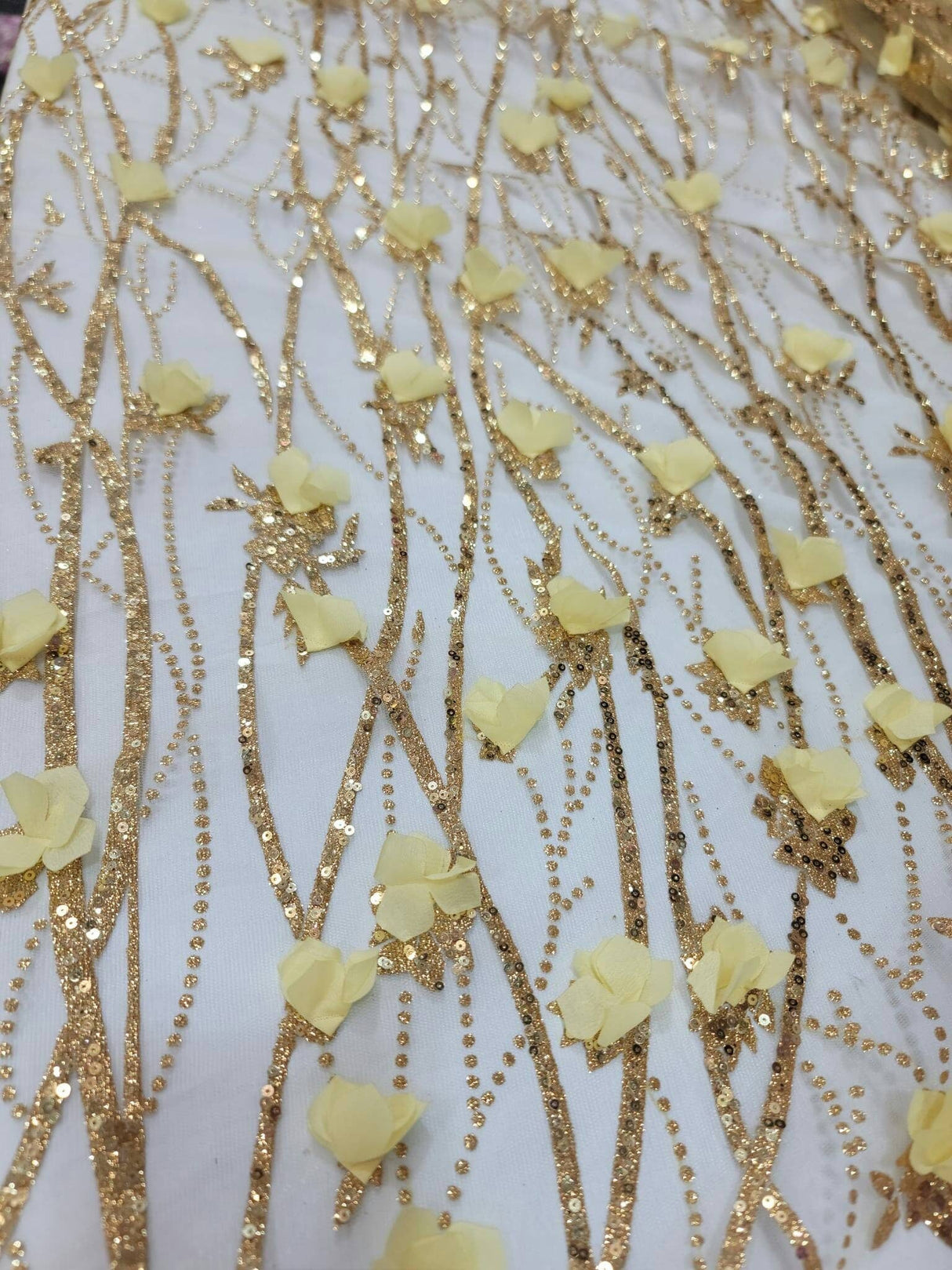 3D Sequin Lace Gold Floral Embroidered